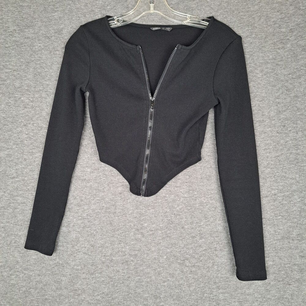 Shein Womens Full‎ Zip Long Sleeve Black Ribbed Size Small
